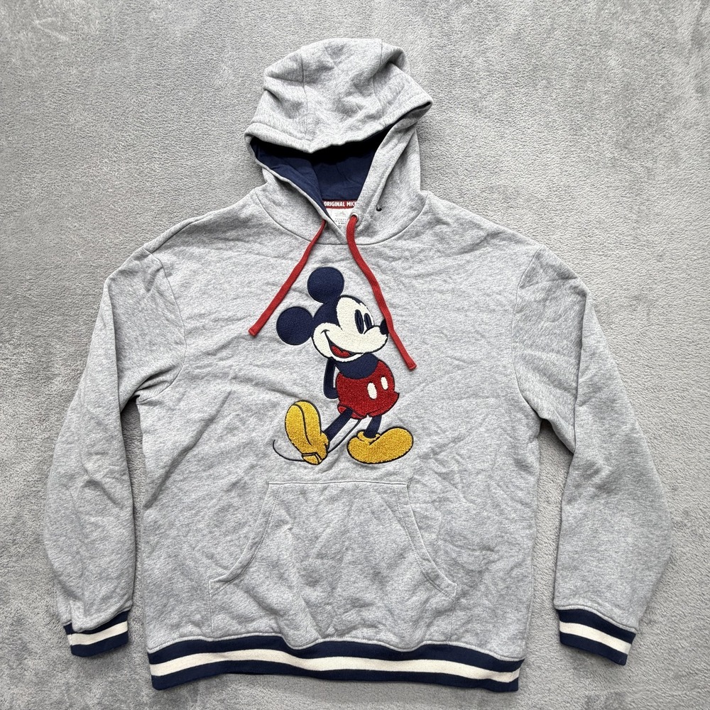 Disney Hoodie Mens M‎ Gray Pullover Hooded Pockets Mickey Mouse Embroidered
